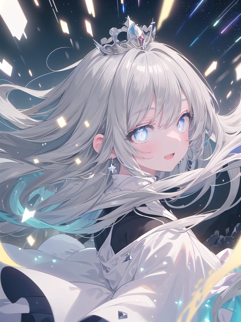 ((8k, best quality, master piece: 1.3)),super high resolution,(1 girl, solo), ((colorshift eyes, hyperdetailed, expressive eyes, glowing eyes, ultra detailed eyes, complex eyes, beautiful eyes), ultra-detailed face, random hair, ((silver gray color)), Ecstatic expression, Midnight, Shining stars and shooting stars, coastline, Gorgeous princess dress