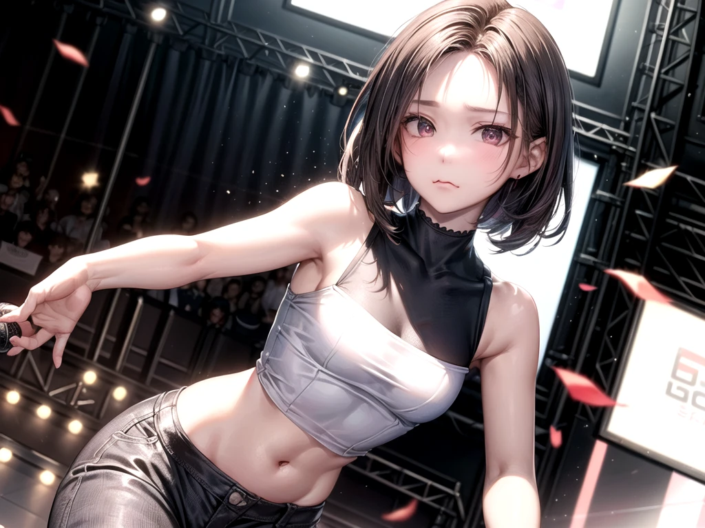 ((Best of the highest quality, 8k, Masterpiece, raw photo: 1.1)), (Sharp focus: 1.1), (1 AESPA, slim body type female, 22 y/o: 1.1), solo, Portrait Waist Up, (realistic, photo-realistic:1.37), face focus, finely small eyes, (forehead, short bob hair: 1.32), (sharp chin, droopy eyes, sad eyes: 1.32), (Emphasize prominent aegyo-sal with bright: 1.28), shimmering eyeshadow applied under the lower lash line, paired with thick, (small breasts, flat chest: 1.2), T-shirt, walking on stage, microphone, flower,