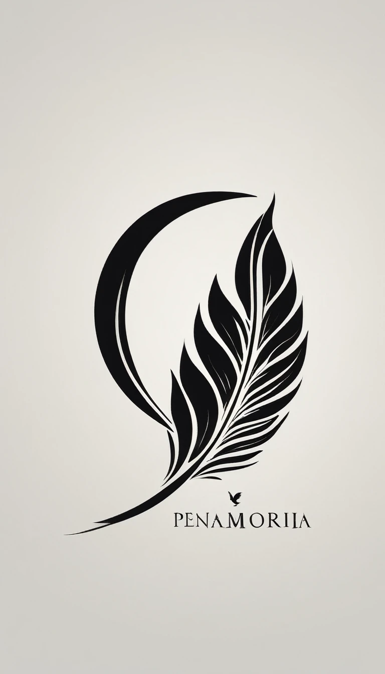 A minimal, modern, simple, cinematic logo design for the brand “Penamemoria". Create a modern, minimalistic, high-quality, logo of a feather-bird