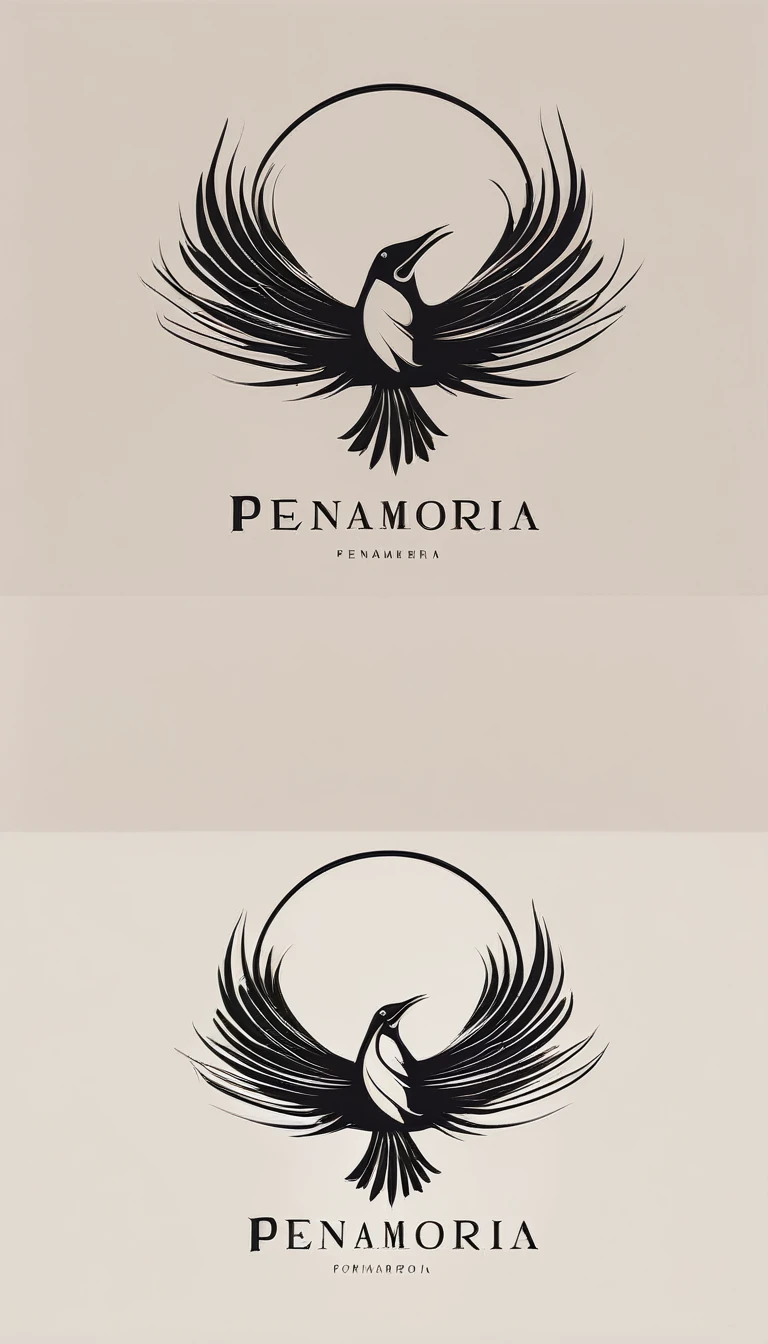 A minimal, modern, simple, cinematic logo design for the brand “Penamemoria". Create a modern, minimalistic, high-quality, logo of a feather-bird