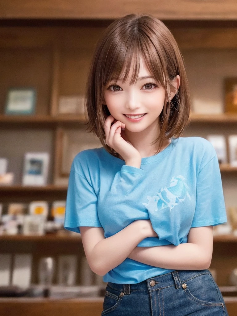 (Highest quality、8k、32K、masterpiece)、(Realistic)、(Realistic:1.2)、(High resolution)、Very detailed、Very beautiful face and eyes、1 girl、Round and small face、Tight waist、Delicate body、(Highest quality、Attention to detail、Rich skin detail)、(Realistic、Realistic:1.37)、Bright colors、(((Chestnut Hair)))、(((Cowboy Shot)))、(((Frame In)))、(((Medium Hair)))、(((Fair skin)))、(((seaside resorts)))、(((smile)))、(((Teeth are visible)))、(((Wear a T-shirt)))、(((Touch your chin with your right hand)))、(((Light blue T-shirt)))、(((Clothes with English print)))、(((I can see the horizon)))