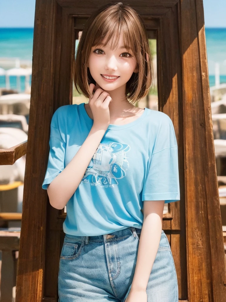 (Highest quality、8k、32K、masterpiece)、(Realistic)、(Realistic:1.2)、(High resolution)、Very detailed、Very beautiful face and eyes、1 girl、Round and small face、Tight waist、Delicate body、(Highest quality、Attention to detail、Rich skin detail)、(Realistic、Realistic:1.37)、Bright colors、(((Chestnut Hair)))、(((Cowboy Shot)))、(((Frame In)))、(((Medium Hair)))、(((Fair skin)))、(((seaside resorts)))、(((smile)))、(((Teeth are visible)))、(((Wear a T-shirt)))、(((Touch your chin with your right hand)))、(((Light blue T-shirt)))、(((Clothes with English print)))、(((I can see the horizon)))