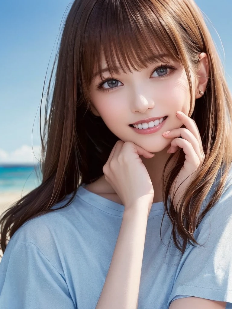(Highest quality、8k、32K、masterpiece)、(Realistic)、(Realistic:1.2)、(High resolution)、Very detailed、Very beautiful face and eyes、1 girl、Round and small face、Tight waist、Delicate body、(Highest quality、Attention to detail、Rich skin detail)、(Realistic、Realistic:1.37)、Bright colors、(((Chestnut Hair)))、(((Cowboy Shot)))、(((Frame In)))、(((Medium Hair)))、(((Fair skin)))、(((seaside resorts)))、(((smile)))、(((Teeth are visible)))、(((Wear a T-shirt)))、(((Touch your chin with your right hand)))、(((Light blue T-shirt)))、(((Clothes with English print)))、(((I can see the horizon)))