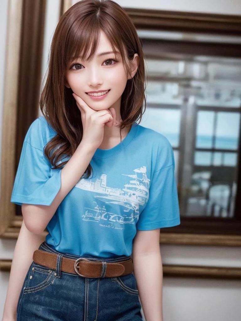 (Highest quality、8k、32K、masterpiece)、(Realistic)、(Realistic:1.2)、(High resolution)、Very detailed、Very beautiful face and eyes、1 girl、Round and small face、Tight waist、Delicate body、(Highest quality、Attention to detail、Rich skin detail)、(Realistic、Realistic:1.37)、Bright colors、(((Chestnut Hair)))、(((Cowboy Shot)))、(((Frame In)))、(((Medium Hair)))、(((Fair skin)))、(((seaside resorts)))、(((smile)))、(((Teeth are visible)))、(((T-Shirtsを着る)))、(((Touch your chin with your right hand)))、(((T-Shirts)))、(((Clothes with English print)))