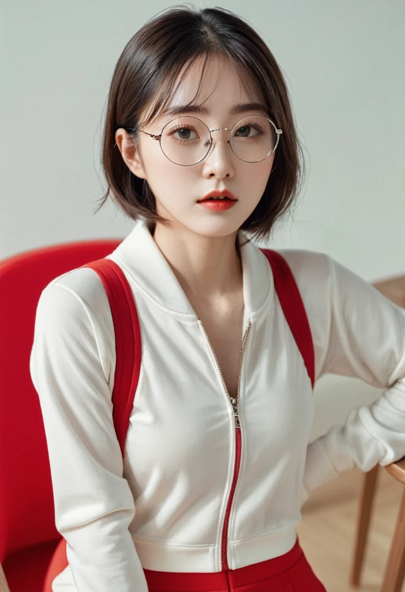 korean girld , shot heair , round transparent glasses , wearing a gym suit , standing near a red chair 