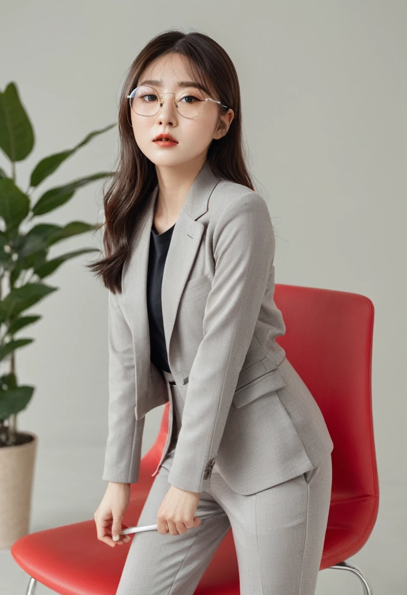korean girld , shot heair , round transparent glasses , wearing a gym suit , standing near a red chair