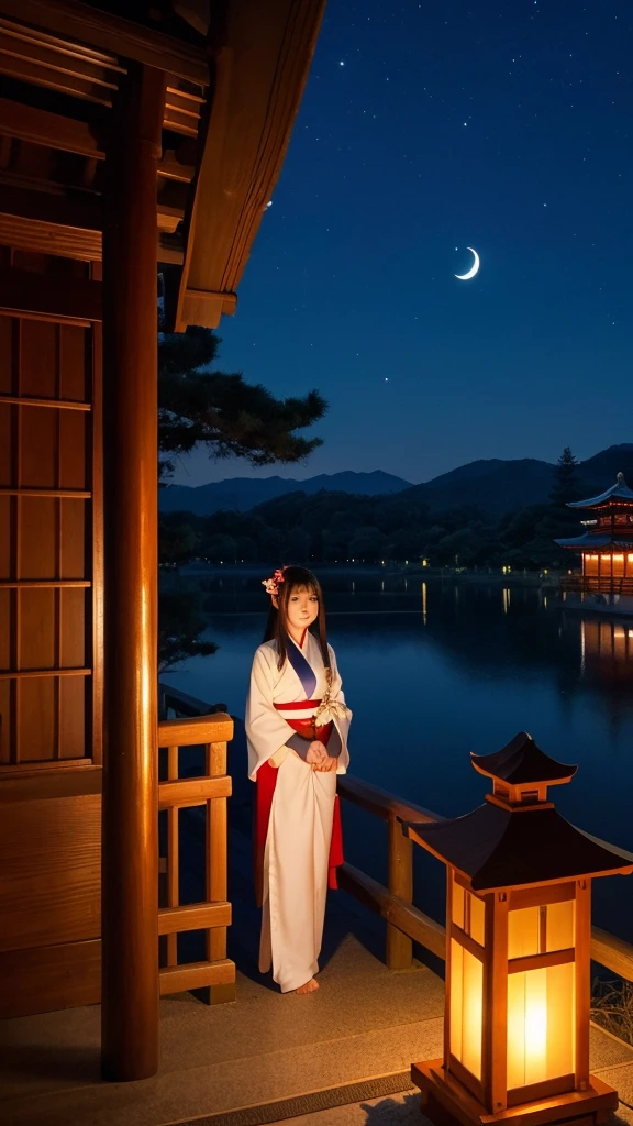 Moonlit Night、shrine、Shrine maiden、Kagura、lake