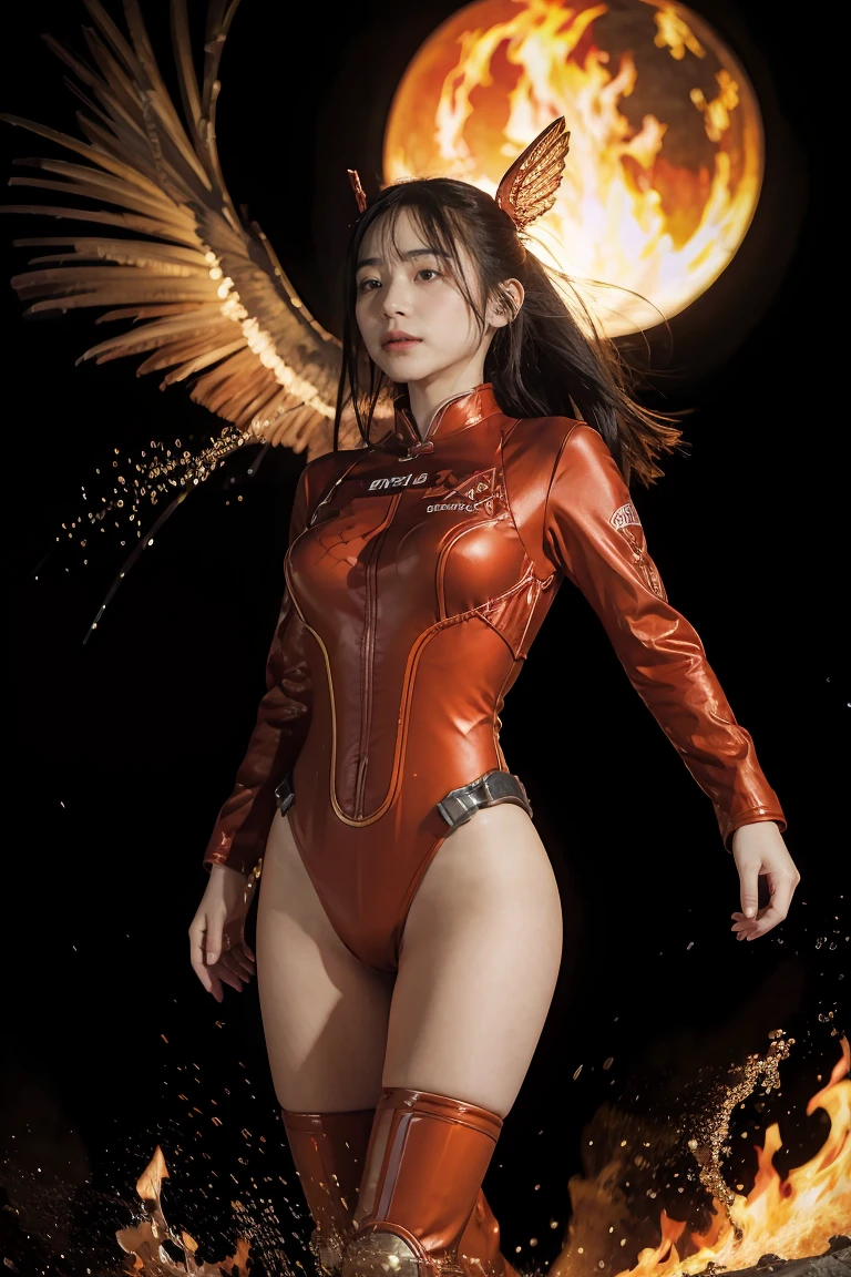 1girl, Absurd resolution, high resolution, (masterpiece: 1.4), hyper-detail, a mech, red armor with cybernetic red wings, floating flight in the sky (1.8) background is wild, fire, full bodysuit,