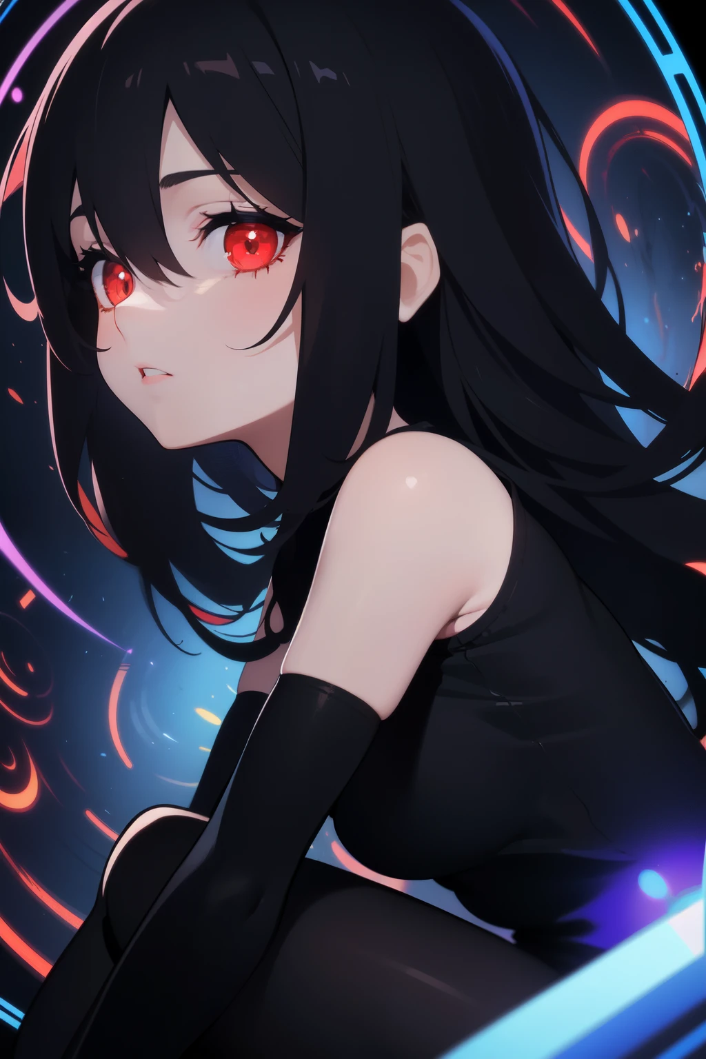 (masterpiece, Best quality, ultra detailed, best shadow), (detailed background,dark fantasy), (beautiful detailed face), high contrast, (Better lighting, very gentle and beautiful), ((cinematic light)), colorful, hyperdetailing, dramatic light, complex parts, (1 girl, One, black hair, Sharp face, Red eyes, hair between eyes, Dynamic angle), (swirling black light around the character:1.5), depth of field, Black light particles, vampire, character sitting on the water, hugs his knees, (side view), black tights, black dress, bare shoulders