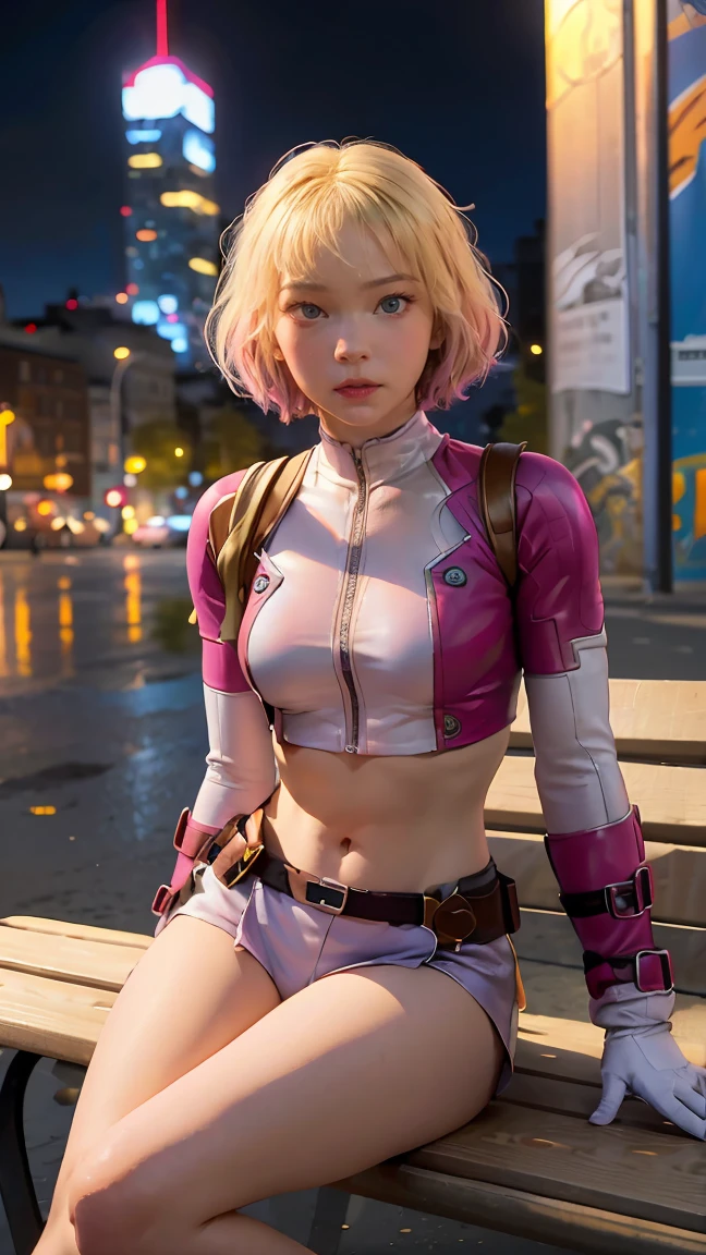 (Highly quality, masterpiece, detailed), city detailed scenario, city detailed background, solo, gwenpool, blonde hair, multi colored hair, 1woman, crop top, two-tone, navel, gloves, sitting on a bench, perfect face, beautiful eyes, look at the viewer, Sexy pose