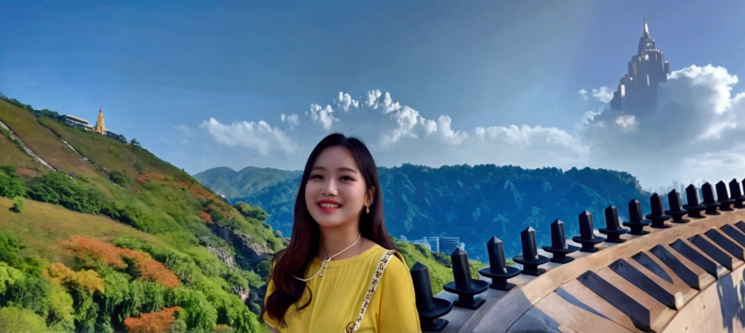 top-quality))、((​masterpiece)、Face Real、Hair short、25 year old girl、Short-wavy hair、View from below the skyscrapers、(Opaque red t-shirt)、(Low-rise denim pants)Wearing。sexly、Breasts enlarged、Smile、Sexy Posing with huge black belt with hole 