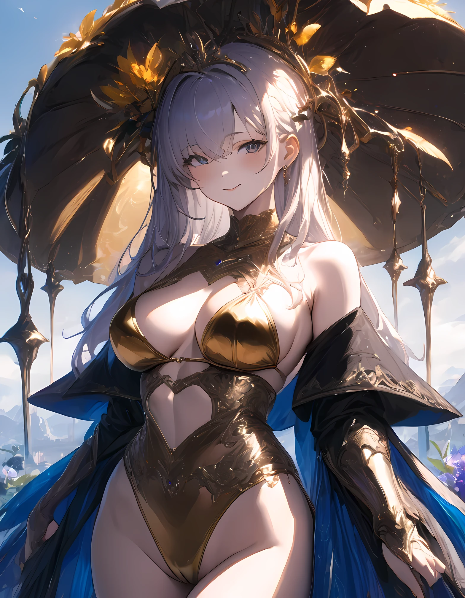 NSFW,((masterpiece,Highest quality)), Perfect hands,Perfect Legs,One Girl, alone,alone, smile, View your audience,Large Breasts,detailed,Golden Bikini,Gold Bikini,golden,goddess,
