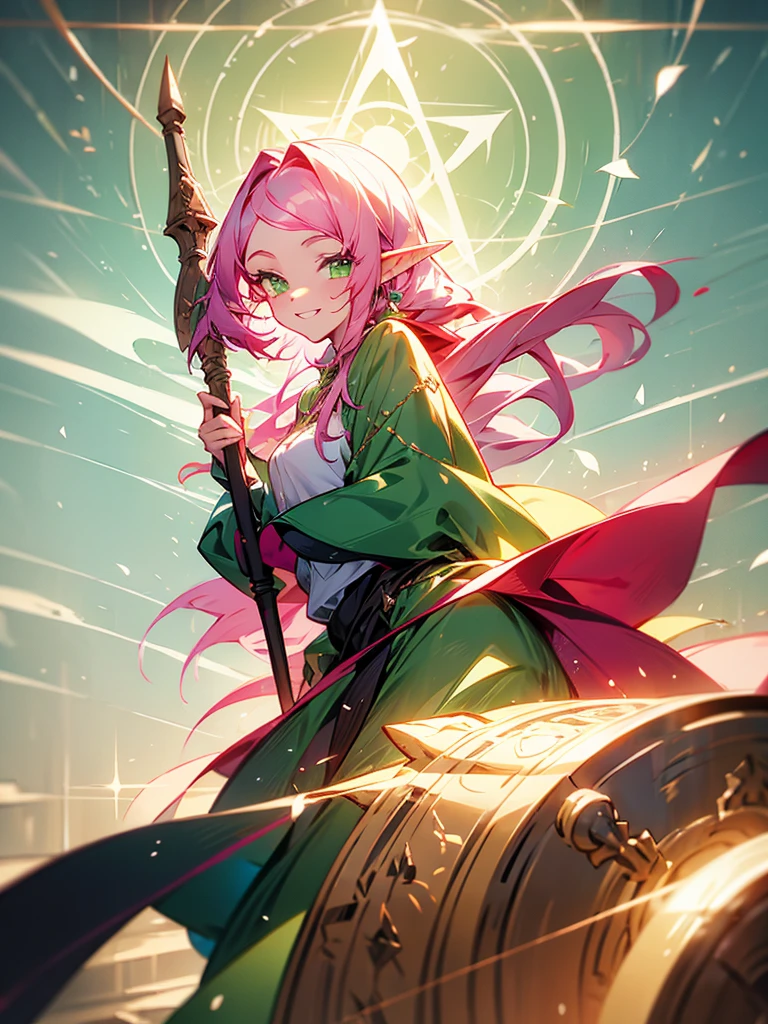 An elf girl with pink hair and green eyes. Her hair is long. There are strands or bangs on her forehead. Holding a large staff, wearing a cloak, smiling gently.