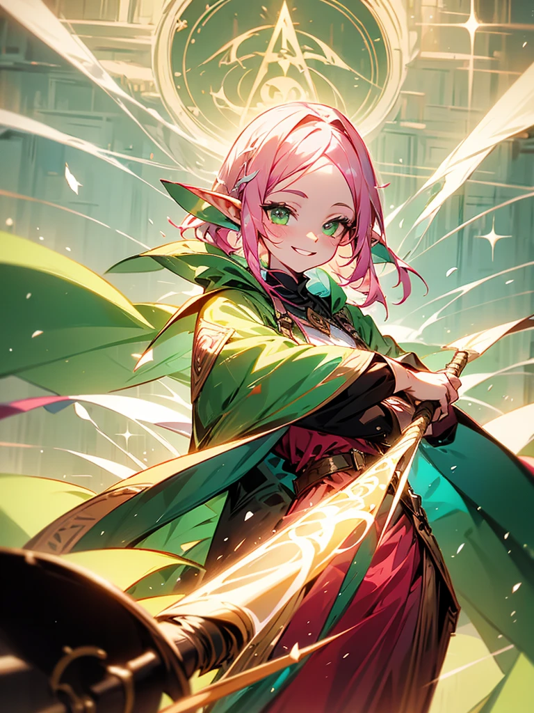 An elf girl with pink hair and green eyes. Her hair is long. There are strands or bangs on her forehead. Holding a large staff, wearing a cloak, smiling gently.