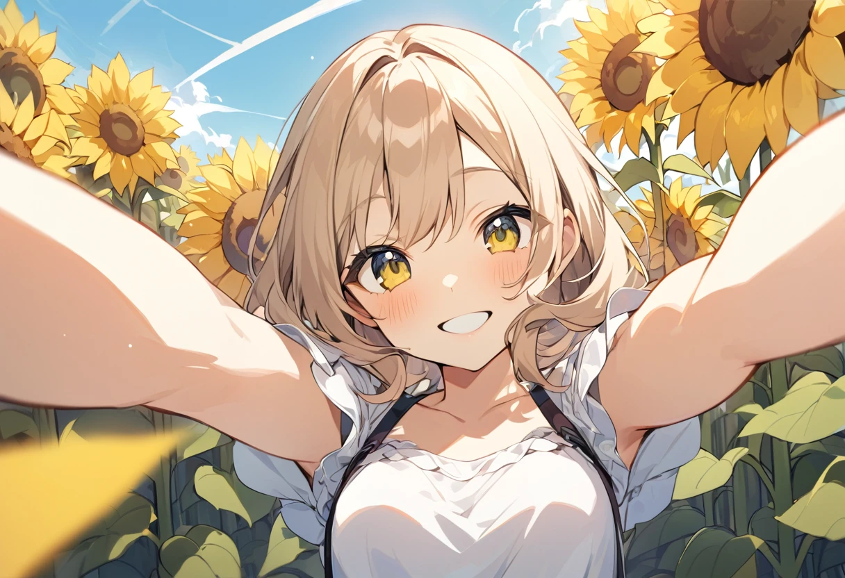 high resolution、Selfie style、Extend your arms towards the viewer、Sunflower field、One girl,Upper Body,smile,I'm laughing so hard my eyes are closing,A big smile,Black Hair,long,Shiny Hair, One-handed peace sign