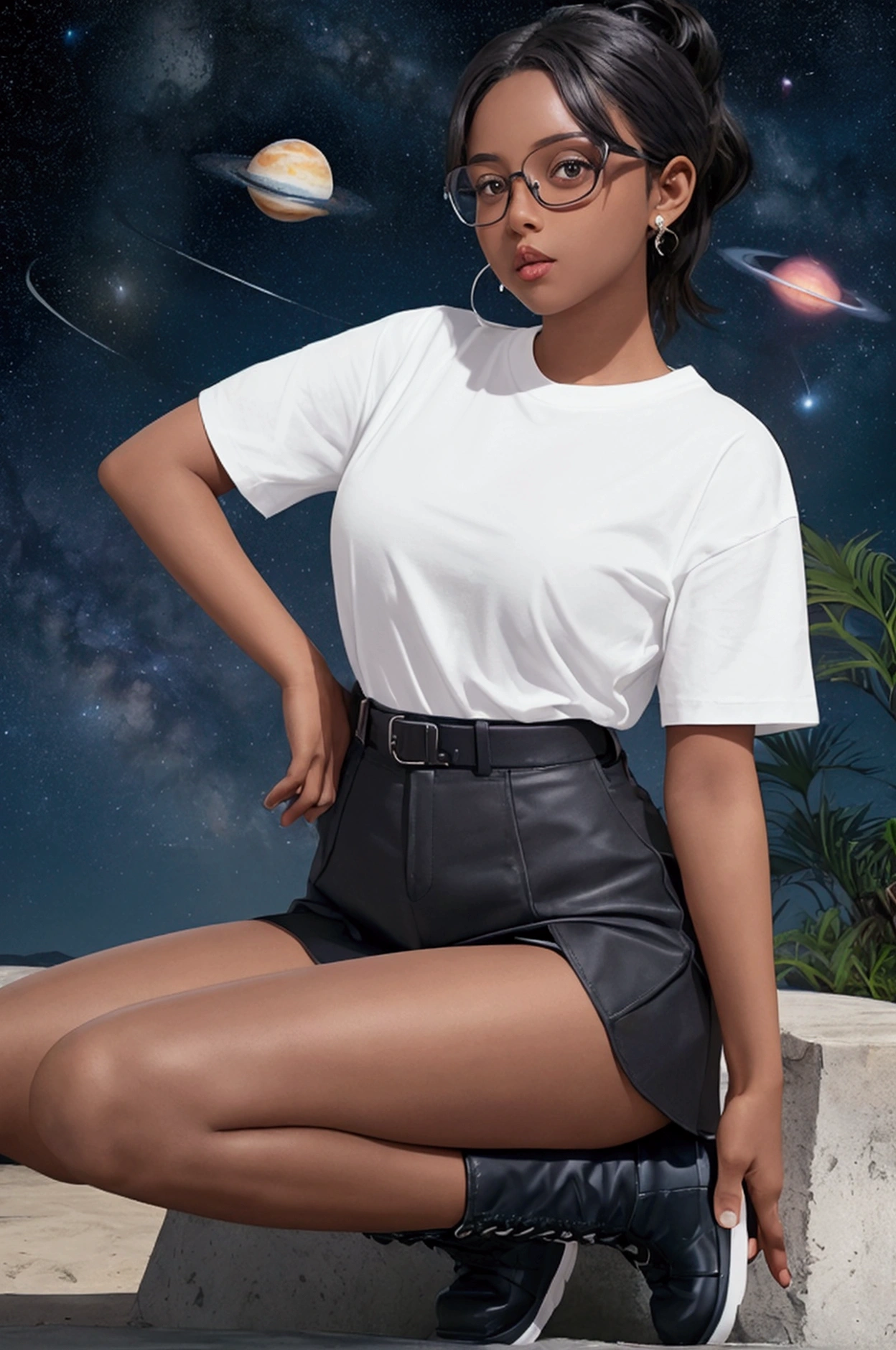 1 dark skinned girl, Small Breasts, Wearing thick-rimmed glasses，Highlights her facial features, short hair, ponytail and gray, silver shirt, She wore another tight shirt underneath her shirt, Brightly colored details evoke the stars and planets of outer space, and blue skirt high-top non-slip sole boots,