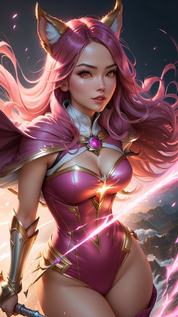 a close up of a woman in a pink cape flying through the air, ig model | artgerm, extremely detailed artgerm, style artgerm, ashe, official splash art, iconic character splash art, splash art anime , astri lohne, fuchsia skin, portrait of ahri, trending artgerm, orianna, splash art