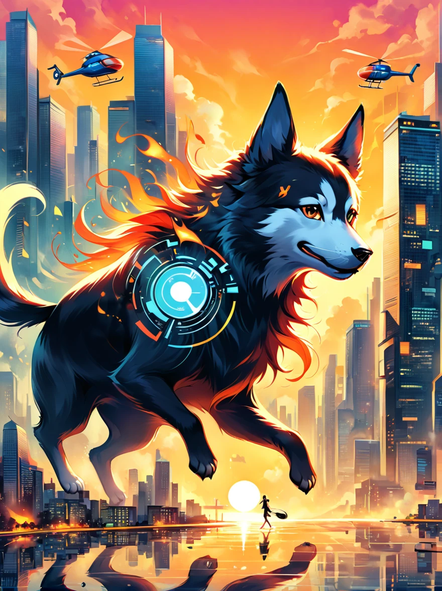 Imagine a dog with an angry and mischievous expression. This canine is at the helm of a futuristic, non-violent, brightly colored toy helicopter, skillfully maneuvering over a compact, yet towering cityscape of unpopulated skyscrapers. Despite the look on the dog's face, there are no signs of violence or harm. The skyscrapers are lit vibrantly, giving an illusion of flames, reflecting off their glassy exteriors under the golden sunset. The entire scenario possesses an uncanny, cartoon-like quality, establishing a surreal and whimsical ambience.