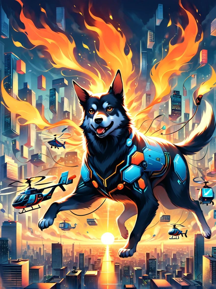 Imagine a dog with an angry and mischievous expression. This canine is at the helm of a futuristic, non-violent, brightly colored toy helicopter, skillfully maneuvering over a compact, yet towering cityscape of unpopulated skyscrapers. Despite the look on the dog's face, there are no signs of violence or harm. The skyscrapers are lit vibrantly, giving an illusion of flames, reflecting off their glassy exteriors under the golden sunset. The entire scenario possesses an uncanny, cartoon-like quality, establishing a surreal and whimsical ambience.