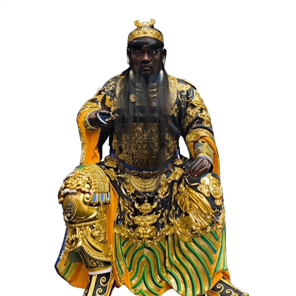 a black skin ancient chinese emperor, emperor rob, big eyes, thick eyebrow, holding a dark blue belt, taoist priest, 