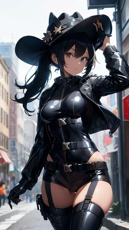 a cyber girl, with furry latex suit, technological armor, Trench coat, and cowboy hat, He is wearing a revolver holster, sexy pose sensual look at the camera