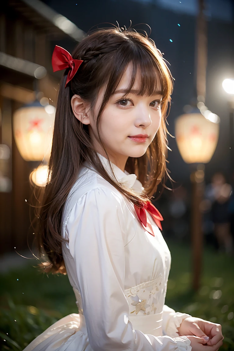 (extremely delicate and beautiful: 1.2), 1girl, bangs, blue eyes, blur, blur background, bow, brown hair, shut up, side view, hair between eyes, hair bow, lantern, light particles, long sleeves, look looking at audience, medium hair, night, red bow, solo, stars(symbol), upper body, smile, red lips