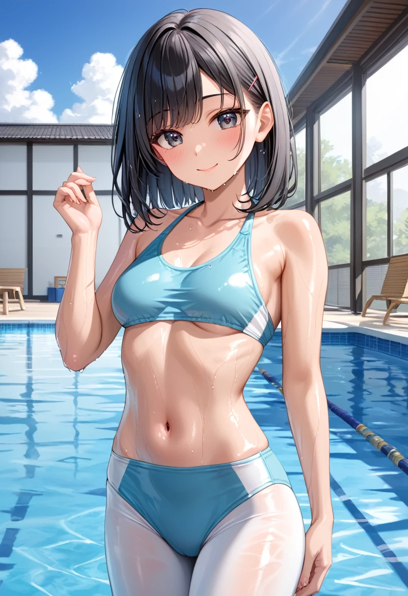 Alaf posing in a swimming ring in front of the pool, 奈良美智, chiho, Pool Party, Young Gravure Idol, Young Pretty Gravure Idol, inflatable, Young skinny gravure idol, 1 8 I, Realistic Young Gravure Idol, wearing pearl neon bikini, skydoll noa, 2 