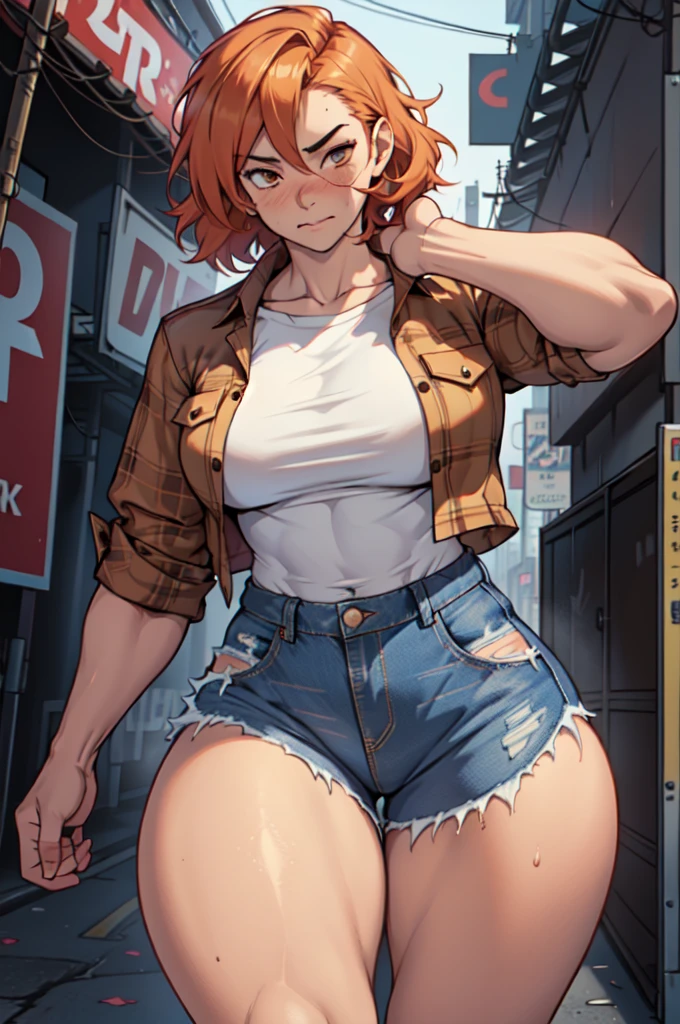 girl ((((muscular 1girl)))) ((((thick thighs toned body)))) (pale skin) short ginger hair, beautiful brown eyes, flannel shirt, jeans, blushing deeply, very embarrassed expression, seductive, cyberpunk setting,