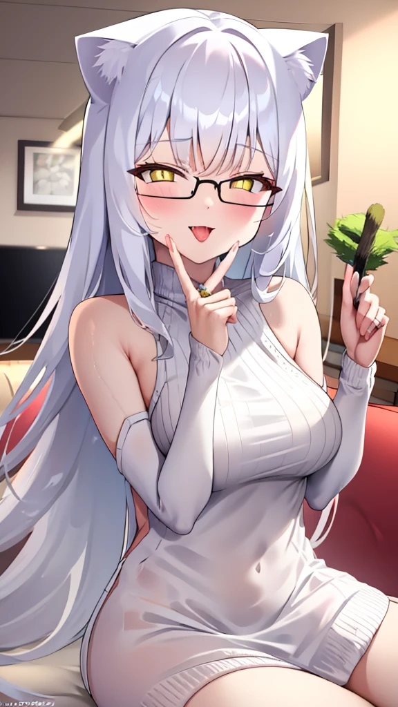 A 20-year-old female angel with long hair, white hair, yellow eyes, cat ears, breasts, and white angel wings. A glowing yellow halo ring overhead. Wear round glasses (White halter turtleneck sweater, white purekiller sweater, sleeveless, sexy backless sweater, white dress) white arm warmers Open mouth, stick out tongue, living room, sit on sofa