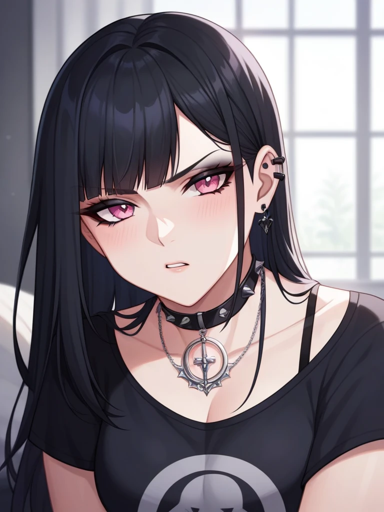 Adult, Female, long Black hair, goth girl, pink eyes gothic aesthetic, goth clothing, goth make up, thick thighs, medium chest, annoyed, disgruntled, bedroom, gothic bedroom, aesthetic bedroom, Masterpiece, Accurate, Anatomically Correct, Best Quality, High Details, Detail, Super Detailed, Best detail, Perfect detail, Amazing detail, [-3, 3], Close-Up, Looking at viewer, up close, headshot