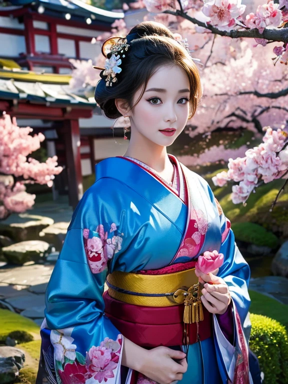 (Highest quality、 8k 、masterpiece、High resolution)、 Japanese painting、Vibrant colors、A woman wearing a kimono、Ample breasts、(Highly detailed face and eyes,Beautiful Face,Beautiful Eyes,Beautiful nose,Pretty lips)、Dynamic painting technique,、Colorful peonies、Japanese garden、cherry blossoms、Detailed Description、Detailed CG、