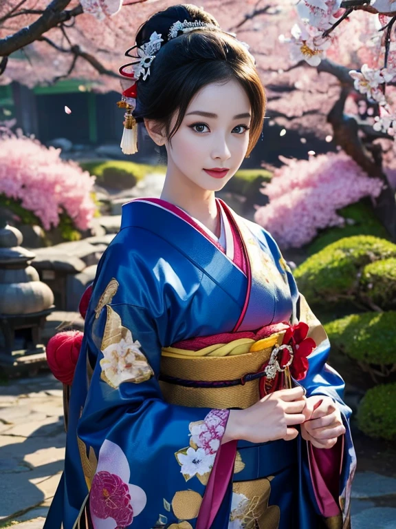 (Highest quality、 8k 、masterpiece、High resolution)、 Japanese painting、Vibrant colors、A woman wearing a kimono、Ample breasts、(Highly detailed face and eyes,Beautiful Face,Beautiful Eyes,Beautiful nose,Pretty lips)、Dynamic painting technique,、Colorful peonies、Japanese garden、cherry blossoms、Detailed Description、Detailed CG、