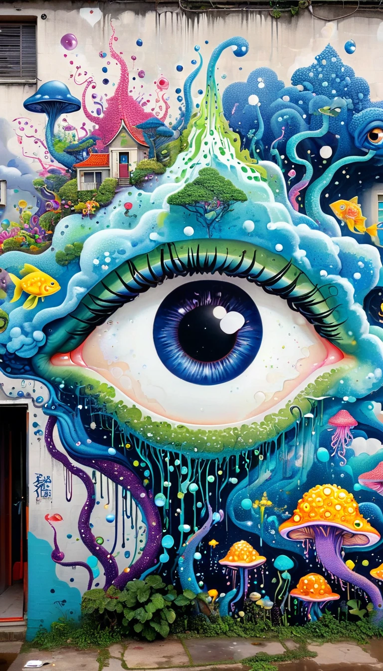 Bizarre and funny graffiti，Strong visual fusion of multiple elements，Broto，来自Star的艺术家，Dopamine color scheme，house、Eye、pearl珠帘、pearl、Star、cloud、fish、Spore powder、Ocean、rain、Tentacles，Describing the inner world of autistic people，密集Pointillism method。Smooth lines。interesting，Strange illustration。Pointillism method。Strong contrast。Award-winning works。