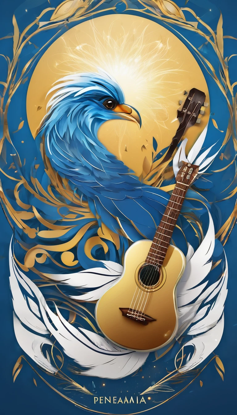 Create a cinematic, abstract symbol for a storytelling production brand based on stories and dreams called " Penamemoria". The logo should convey a fantasy theme and include the company of a boy and a feather. Fantastic, memorable, poetic, dreamy, sitting against a tree and playing guitar to a fantastic, unique, poetic white-blue-golden feather.