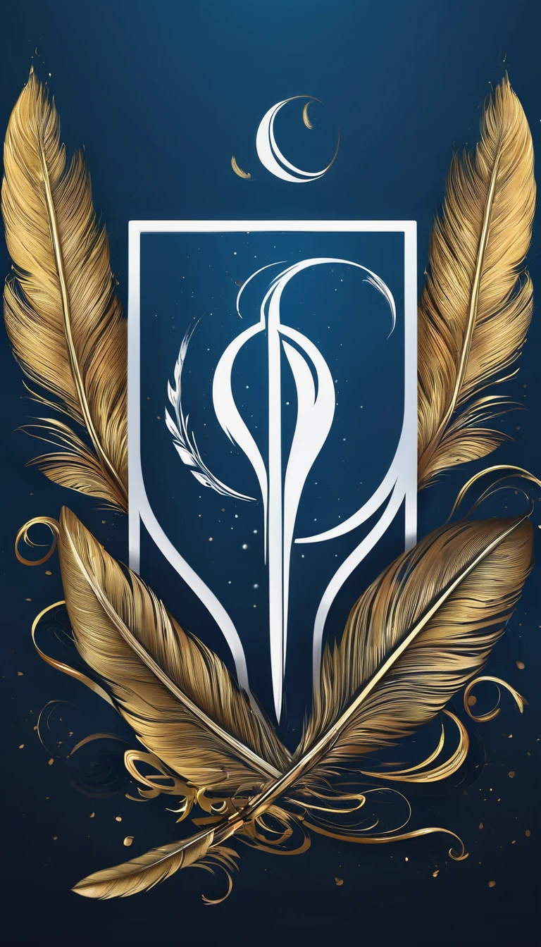 Create a cinematic, abstract symbol for a storytelling production brand based on stories and dreams called " Penamemoria". The logo should convey a fantasy theme and include the company of a boy and a feather. Fantastic, memorable, poetic, dreamy, sitting against a tree and playing guitar to a fantastic, unique, poetic white-blue-golden feather.
