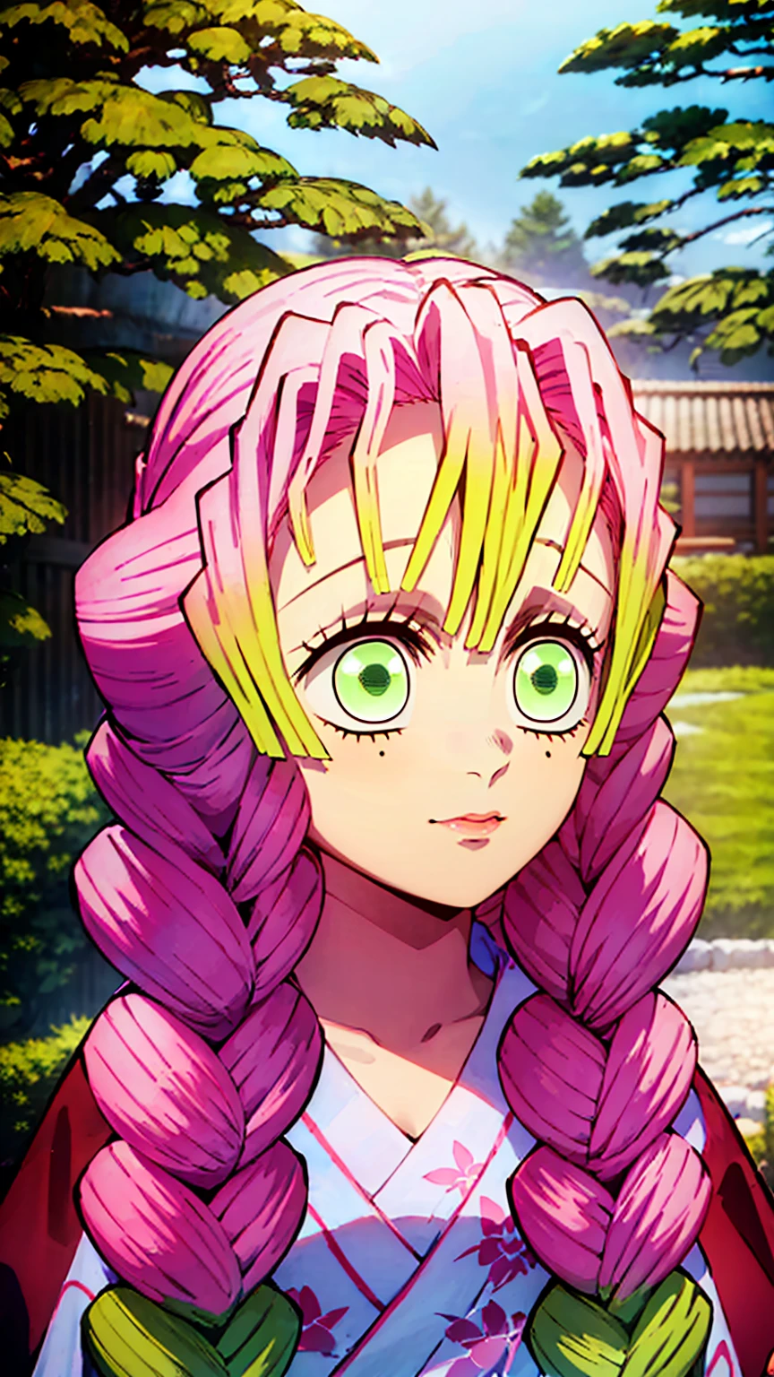 a beautiful girl, 1girl, Mitsuri Kanroji, green hair, long hair, side braid, pink eyes, pink lips, beautiful detailed eyes, beautiful detailed lips, extremely detailed face, detailed portrait, delicate features, fair skin, pink kimono, intricate floral pattern, outdoor garden setting, sakura trees, natural lighting, vivid colors, cinematic composition, (best quality,4k,8k,highres,masterpiece:1.2), 