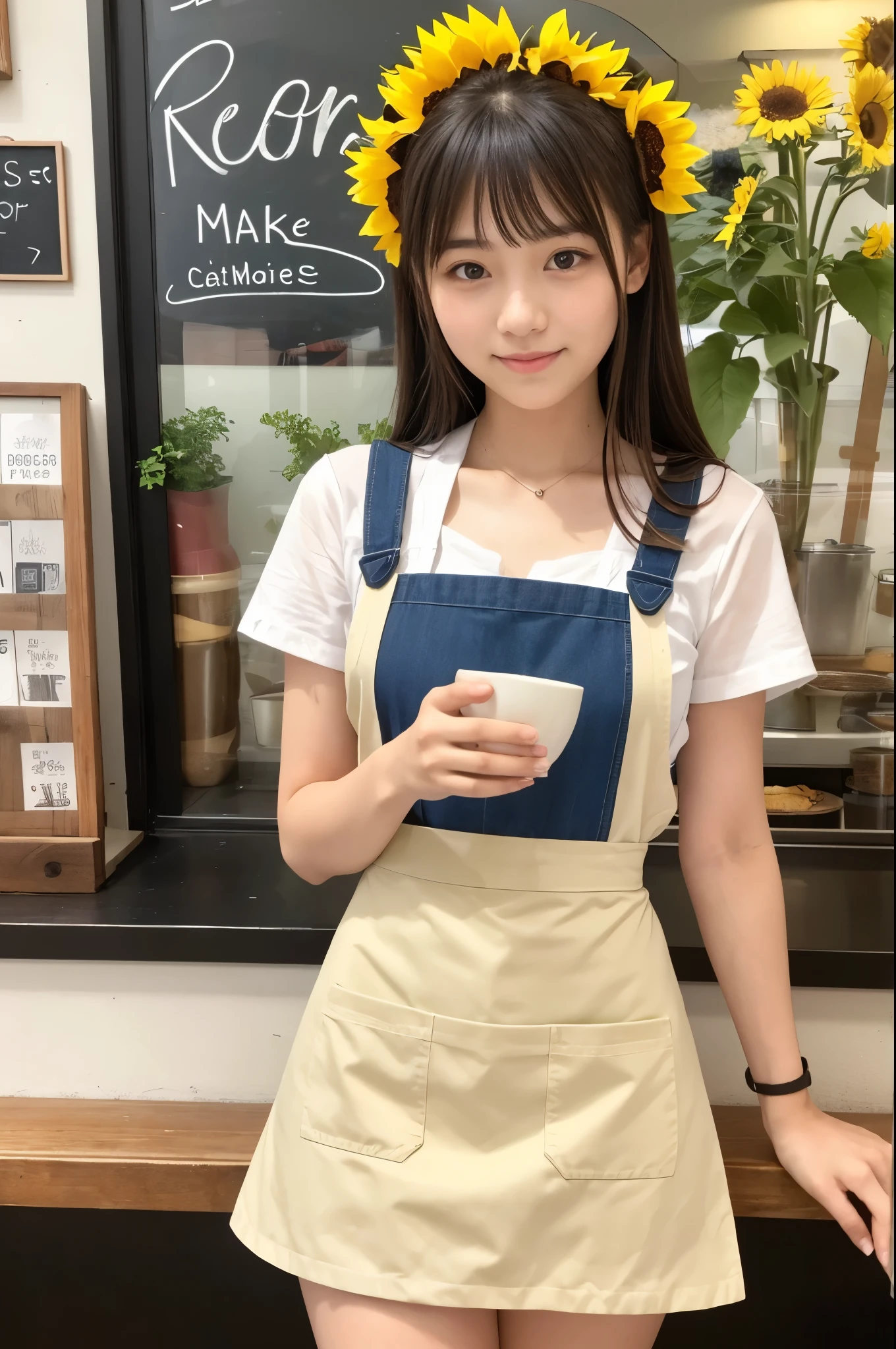 21 years old girl (Japanese cute face) is wearing very short mini skirt and apron and working at the coffee cafe with sunflowers
