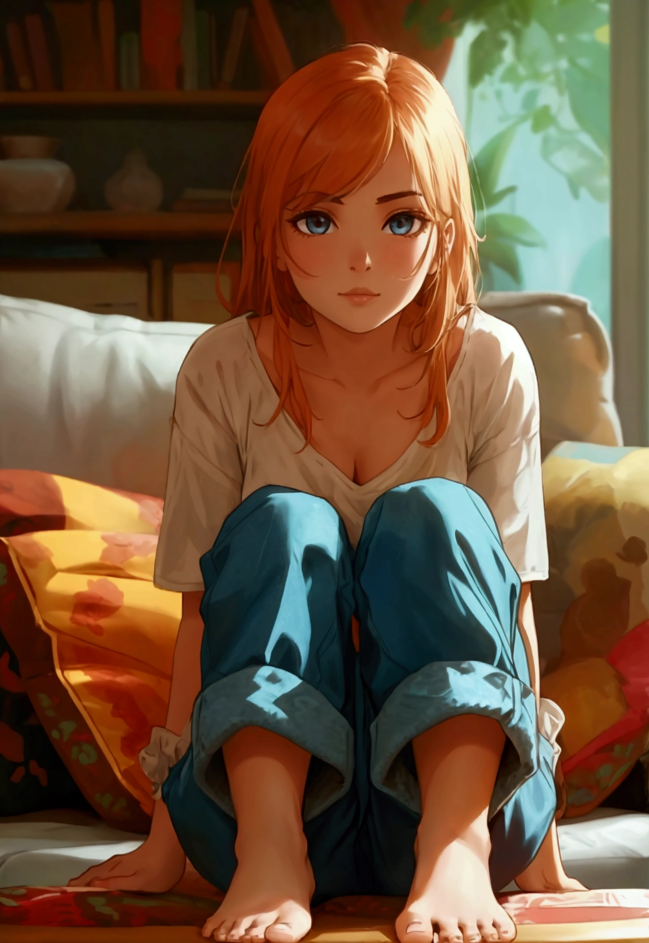 1girl sitting on a couch in a living room with her feet lift up on a table and soles facing the camera, barefoot, , confident look
