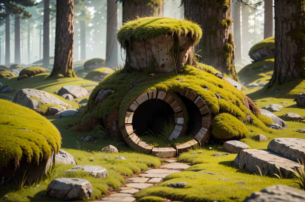 large moss-covered cylindrical feature on rocky terrain with grass