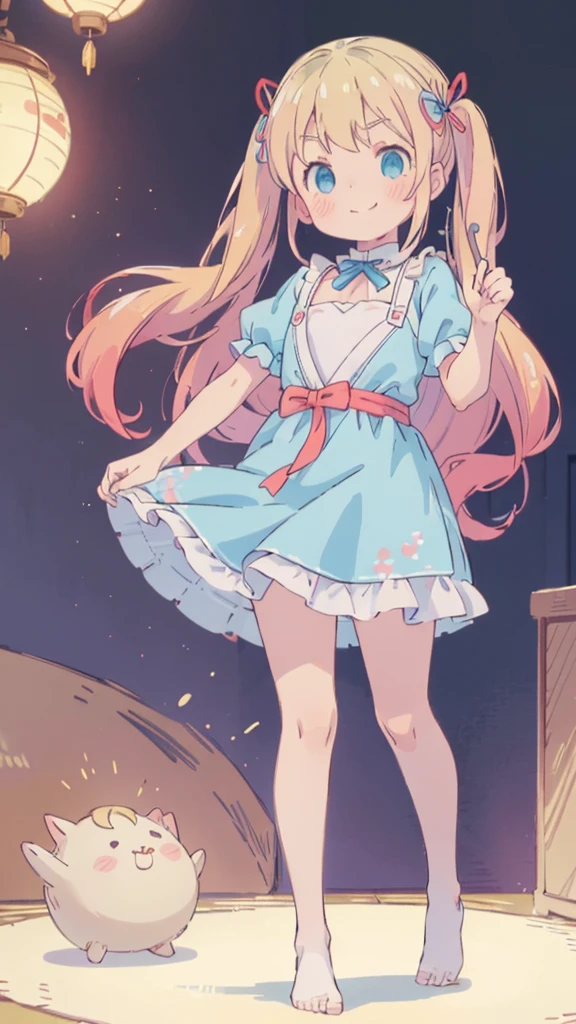 ((masterpiece))((Highest quality))girl、Smirk、blush、Flat Chest、Are thin、Blonde Hair、blush、Are standing、Whole body image、Eye level to the feet、front、No background、真frontのアングル、Blue clothes、Two-tone red and blue hair、Twin tails、Red Alice outfit