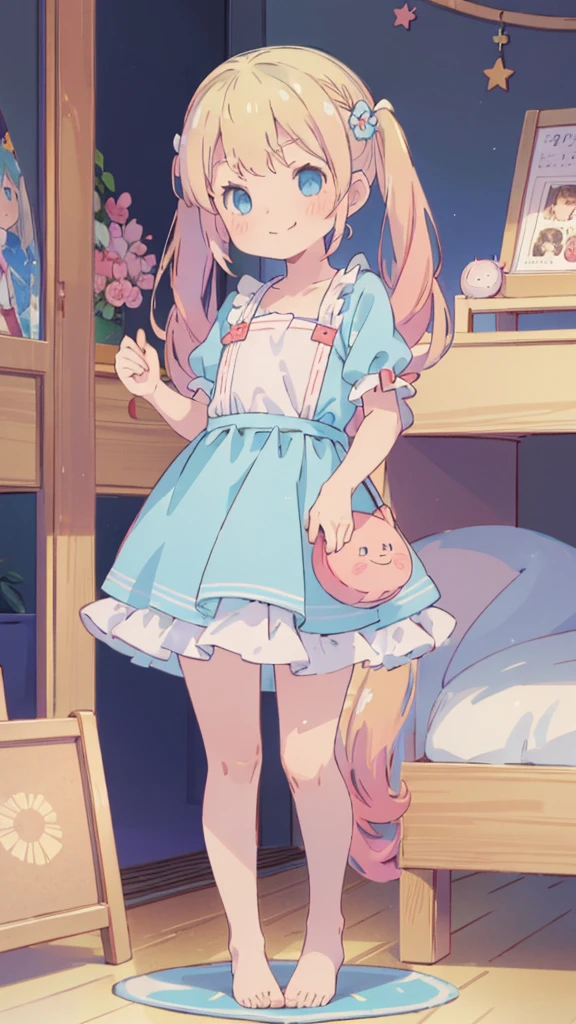 ((masterpiece))((Highest quality))girl、Smirk、blush、Flat Chest、Are thin、Blonde Hair、blush、Are standing、Whole body image、Eye level to the feet、front、No background、真frontのアングル、Blue clothes、Two-tone red and blue hair、Twin tails、Red Alice outfit