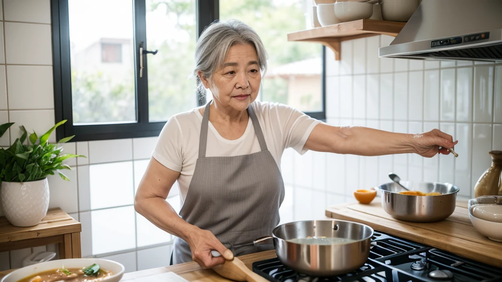 (best quality), (masterpiece), On a summer day with a cool breeze,
A cozy kitchen,
The gray-haired, wrinkled-faced grandmother is cooking samgyetang.