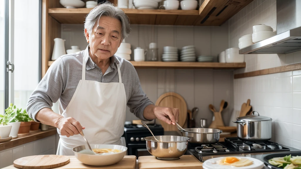(best quality), (masterpiece), On a summer day with a cool breeze,
A cozy kitchen,
The gray-haired, wrinkled-faced grandmother is cooking samgyetang.