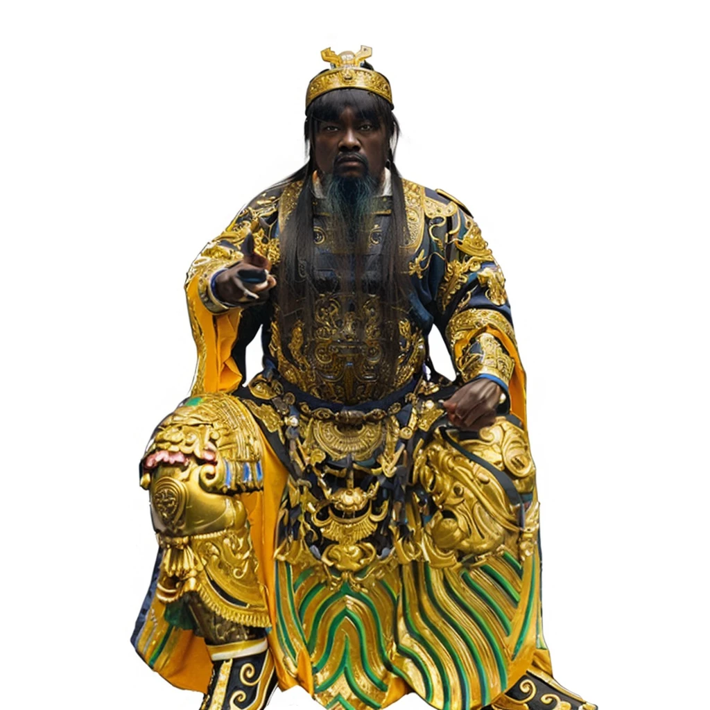 a black skin ancient chinese emperor, emperor rob, big eyes, thick eyebrow, holding a dark blue belt, taoist priest, 