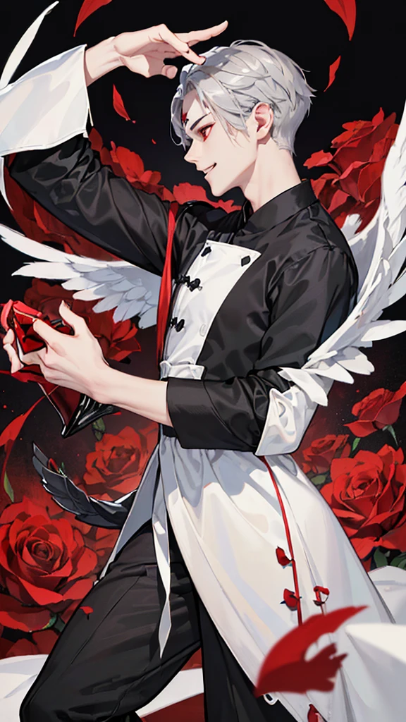 ((4K Works))、masterpiece、（Top quality)、((High level of image quality))、((一个美丽的Fallen Angel男人))、slim、((Vampire Black Y-Shirt Fashion))、(Detailed beautiful eyes)、((Red roses and crows on a dreamy black background))、inside castle、((face shape and《Ruseraphim》Chaewon in similar))、((short hair))、(((Bright silver hair)))、((The face becomes smaller))、((neutral face))、((Red Eyes))、((Korean male))、((18 years old))、((wild boy))、((Looks bad))、((Smile with teeth bared))、((Korean makeup with black eye shadow))、((Elongated and sharp eyes))、((Solo shooting))、((Fallen Angel))、Fallen Angel照片、douchebag、Dark Proof、((Shot from the side))、Fallen Angel式