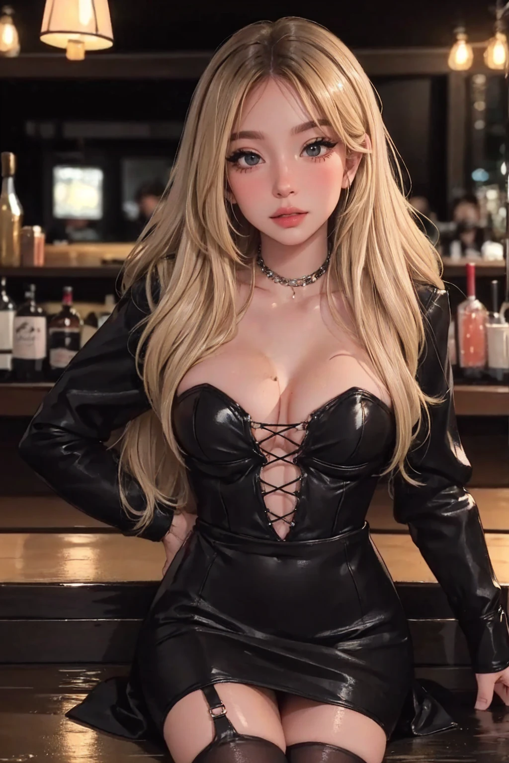 girl at a nightclub sitting at bar, eyeliner (masterpiece) (best quality) (detailed) (8k) (HDR) (wallpaper) (cinematic lighting) (sharp focus) (intricate) wavy blonde hair, biting lip, medium hair, slutty outfit, sexy, blush, aroused, cleavage, shiny , wet skin, girl, dark makeup, acting flirty, tucking hair behind ear