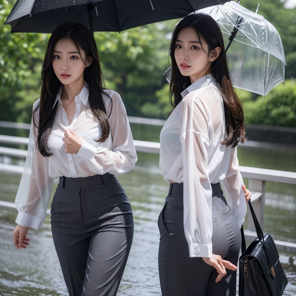 No umbrella、No umbrella、No umbrella、Beautiful woman getting wet in the rain、No umbrella美人、typhoon、No umbrellaで水に濡れる、Beautiful woman in the rain、雨で濡れたBeautyOL、Detailed face、Realistic、beautiful girl、Beauty、Office Lady Uniform、beauty、Beautiful woman、Narrow waist、Handsome woman、Tight pants look、suit、Sexy pose、タイトなsuitパンツ、雨で濡れたsuit、Wet shirt、See-through shirt、Shot in heavy rain、See-through underwear