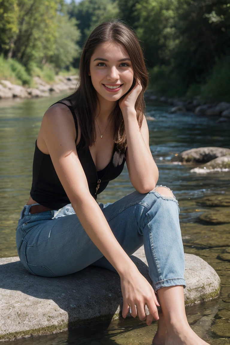 (top quality, 8 K, masterpiece: 1.3)), (1 person: 1.4), 1 beautiful girl, USA, Wild West, western, , high contrast, диафрагма F1.2, 24mm focal length, (whole body: 1.2), smile, sitting near a river, there's a forest across the river, mountains are visible from afar, long blue dress with long sleeves, simple cut dress, long straight light brown hair, hair tie, ultra-detailed skin, detailed fabric texture