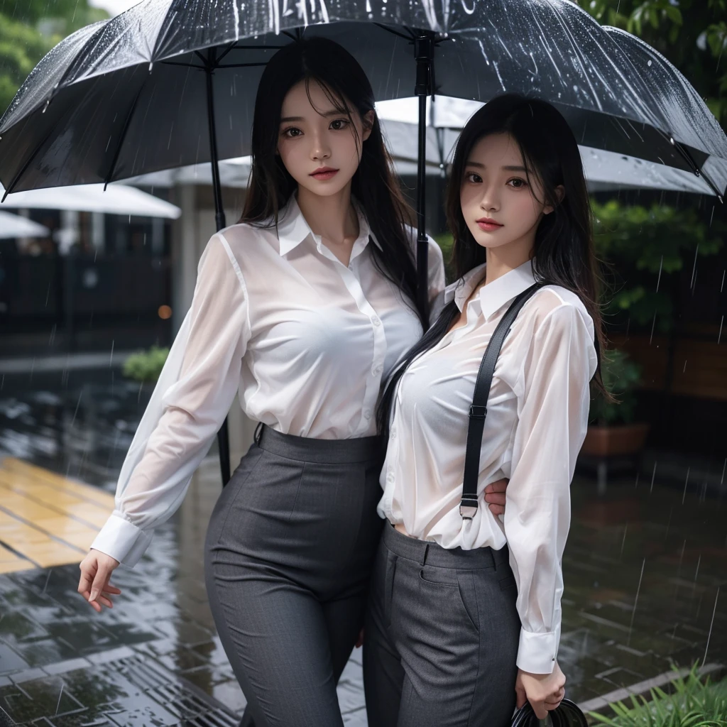 The umbrella is not in the picture.、No umbrella、No umbrella、Beautiful woman getting wet in the rain、A beautiful woman without an umbrella、typhoon、No umbrellaで水に濡れる、Beautiful woman in the rain、雨で濡れたBeautyOL、Detailed face、Realistic、beautiful girl、Beauty、Office Lady Uniform、beauty、Beautiful woman、Narrow waist、Handsome woman、Tight pants look、suit、Sexy pose、タイトなsuitパンツ、雨で濡れたsuit、Wet shirt、See-through shirt、Shot in heavy rain、See-through underwear