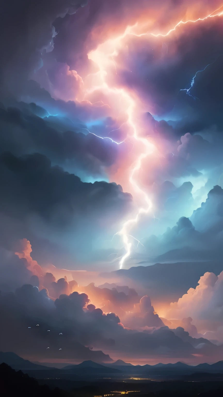 ((best quality)), ((masterpiece)), (detailed), A digital illustration of a rainbow lightning in a dark blue sky with small peach color birds flying in the background